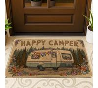 Happy Camping Paillasson beige avec remorque vintage pour entrée extérieure et intérieure, décoration rustique, en caoutchouc imperméable, antidérapant, absorbant la poussière, facile à nettoyer, 73,6