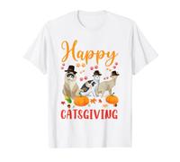 Happy Catsgiving Adorable Chat de Thanksgiving Porte Un Chapeau de pèlerin T-Shirt Graphique avec Valeur, Homme, Blanc, L