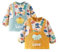 Happy Cherry 2PCS Bavoirs à Manches Longue pour Bébé Imperméable Bavette avec Poche Tablier D'Allaitement Tout Petit Fille Garçon Blouse de Peinture Joli Motif 4-5 Ans