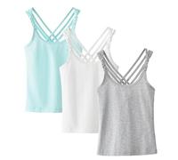 Happy Cherry 3 Pièces Débardeurs Filles Coton sans Manches Maillot de Corp Couleur Unie Camisole Été Décontracté Basics Camis Tank Top pour Enfant 11-12 Ans, Gris+Blanc+Vert