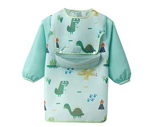 Happy Cherry Bébé Bavette Etanche à Manches Longue Unisexe Tablier de Peinture avec Détachable Silicone Fille Imperméable Blouse D'Allaitement Garçon Lavable Bavoir de Repas 1-2 Ans