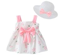 Happy Cherry Bébé Fille Eté Robe en Coton Enfant en Bas âge Sans Manche Robe de Princesse Bambin Jupe Ensemble avec Nœuds Chapeau Naissance Fleur Fraise à Imprimé Vêtements d'été 6-12 Mois