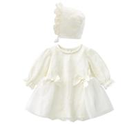 Happy Cherry Bébé Robe de Baptême pour Fille avec Chapeau Tout Petit Robe de Princesse Naissance Cérémonie Anniversaire Tutu Outfits Manche Longue Robe de Fête 9-12 Mois