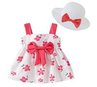 Happy Cherry Bébé Robe d'été en Coton pour Fille avec Chapeau Tout Petit Sans Manches Robes de Princesse Naissance Cérémonie Anniversaire Tutu Outfits Quotidienne Ensemble de Vêtements 3-4ans