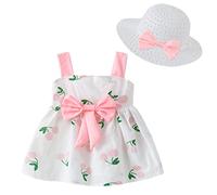 Happy Cherry Bébé Robe d'été en Coton pour Fille avec Chapeau Tout Petit Sans Manches Robes de Princesse Naissance Cérémonie Anniversaire Tutu Outfits Quotidienne Ensemble de Vêtements 2-3 ans