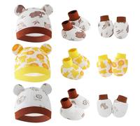 Happy Cherry Bonnets de Naissance et Moufles de Protection et Chaussettes Bébé Gants Bonnet Nouveau-né Bambin Doux Élastique Mignon Imprimé Chapeau 0-6 Mois, Taille Unique