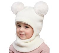 Happy Cherry Cagoule Bébé Enfant Hiver Chaud Chapeau d'hiver Pompon Bonnet Écharpe Coupe Vent Cache Cou Blanc