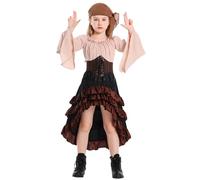 Happy Cherry Costume Pirate Fille Robe Médiévale Vintage Irrégulière à Manches Évasées avec Bandana Ceinture Déguisement Pirate pour Halloween Carnaval Cosplay Marron 12-14 Ans