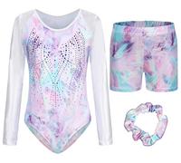 Happy Cherry Enfant Fille Leotard de Gymnastique Brillant Manches Longues avec Short Métallique Justaucorps de Danse Classique Couleur Imprimé Tenue de Patinage Ballet Sport