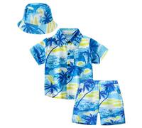 Happy Cherry Ensemble Chemise et Short Enfant Garçon Eté T-Shirt Hawaien à Manches Courtes + Shorts avec Poches + Chapeau Bob de 3 Pièces 5-6 Ans