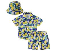 Happy Cherry Ensemble Chemise et Short Enfant Garçon Eté T-Shirt Hawaien à Manches Courtes + Shorts avec Poches + Chapeau Bob de 3 Pièces 11-12 Ans