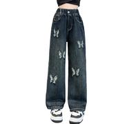 Happy Cherry - Fille Pantalons en Demin Enfant Hip Hop Jeans Baggy Ados Filles Y2K Streetwear Taille Haute Child 5-14 Ans pour Été Printemps Automne Hive - Bleu - 134-140