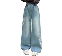 Happy Cherry - Fille Pantalons en Demin Enfant Hip Hop Jeans Baggy Ados Filles Y2K Streetwear Taille Haute Child 5-14 Ans pour Été Printemps Automne Hive - Bleu Clair- 134-140