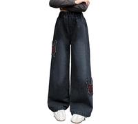 Happy Cherry - Jeans Baggy Filles avec Ceinture Élastique Enfant Pantalons en Denim Coton Fille Child 5-14 Ans Pantalon Hip Hop Y2K Streetwear pour Été Automne Printemps Hiver - Noir- 140-146