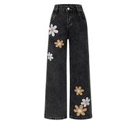 Happy Cherry Jeans Fille Jambe Large avec Florale Broderie Baggy Noir Denim Pantalon Élastique Taille pour Enfants 11-12 Ans