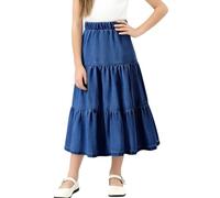 Happy Cherry - Jupes Maxi en Jean pour Filles avec Ceinture Élastique Enfant Midi Jupes Longue Trapèze en Denim Coton Fille Enfant Vintage Y2K pour Été Automne Printemps Hiver - Bleu - 10-11 Ans
