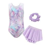 Happy Cherry Justaucorps Gymnastique Fille sans Manche avec Jupe et Bandeau Ensemble de Tenue Danse Ballet Brillant Body Gym Sport Costume Spectacle Violet 11-12 Ans