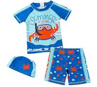 Happy Cherry - Maillot de Bain Garçon 3 Pièces Protection UV Séchage Rapide Short de Bain T-Shirt Manches Courtes Bonnet de Bain Style 5 5-6 Ans