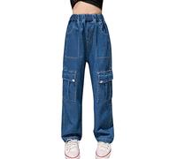 Happy Cherry Pantalon Cargo Enfant Fille Baggy Pantalon de Jogging Hip Hop Taille Haute Streetwear Jeans Décontracté Y2K avec Multi Poches 13-15 Ans