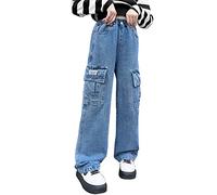 Happy Cherry Pantalon Jambes Larges Taille Élastique Baggy Jeans Denim Pants Casual Workout Pantalon Cargo Taille 150 10-11 Ans