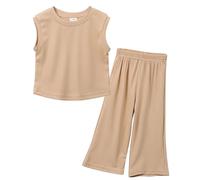 Happy Cherry Vêtements Été 2 Pièces pour Enfant Fille 5-6 Ans Pantalons et Sans Manches Haut Ensemble de Tenues Tricoté Petite Fille Kaki