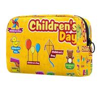 Happy Children's Day Trousse à maquillage avec fermeture éclair pour femme Fond jaune, multicolore, 18.5x7.5x13cm/7.3x3x5.1in, Trousse de toilette