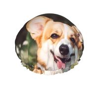 Happy Corgi Bonnet de douche réutilisable et imperméable pour homme et femme avec bande élastique - Bonnet de bain double couche lavable pour toutes les coiffures - Facile à transporter