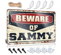 Happy Decoration Poster mural rustique, néon avec citation amusante pour traversée de garage | Cadeau pour pêcheur en métal antirouille « Beware of Sammy » (20 x 30 cm)