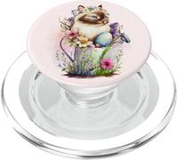 Happy Easter Cat Easter Tea Cup Coffee Cat Siamese Floral PopSockets PopGrip pour MagSafe