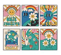 Happy Face Décoration murale vintage Impressions esthétiques sur toile de fleurs hippie abstraites des années 60 et 70 Images bohème pour chambre à coucher (27,9 x 35,6 cm, sans cadre）