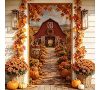Happy Fall Grange Citrouilles Récolte Automne Couvre-porte 91,4 x 182,9 cm | Grange rustique, bannière de porte d'entrée, thème saison des récoltes, feuilles d'érable vibrantes, esthétique de ferme