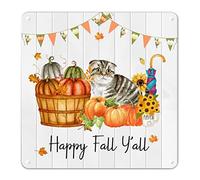 Happy Fall Y'all - Bannière citrouille en étain avec motif chat et tournesol - Panneau en métal classique pour Thanksgiving, décoration de ferme pour la maison, véranda, couloir, grotte d'homme - 30,5