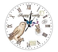 Happy Family Horloge murale en bois en forme de chouette sans cadre de 38,1 cm sans tic-tac, fonctionne à piles, décoration de fête papillon, horloge ronde en bois pour salon, maison, bureau, école,