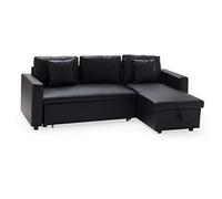 Happy Garden Canapé d'angle Convertible Clark 3 Places en Simili Noir. Canapé avec méridienne réversible et Coffre de Rangement.
