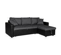 Happy Garden Canapé d'angle Convertible Clark 3 Places en Tissu et Simili Gris chiné et Noir. Canapé avec méridienne réversible et Coffre de Rangement.