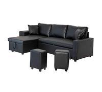 Happy Garden Canapé d'angle Convertible Tony 3 Places en Simili Noir. Canapé avec méridienne réversible, Coffre de Rangement et poufs.
