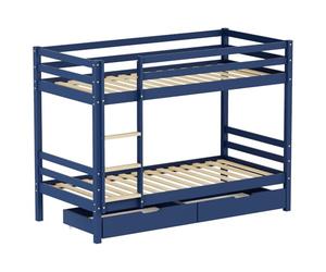 Happy Garden Lit superposé Enfant 190x90 cm Ambre Bleu foncé avec tiroirs - Structure en pin - Sommier à Lattes Inclus