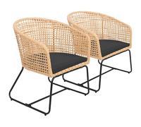 Happy Garden Lot de 2 Fauteuils RINA en Rotin Synthétique avec Coussins - Style Vintage Intérieur/Extérieur, Résine Marron et Acier Noir