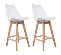 Happy Garden Lot de 2 tabourets de Bar Sven Blanc avec Coussin. Tabourets de Bar Style scandinave avec Dossier et Repose-Pieds, tabourets de Cuisine, Pieds en Bois de hêtre Massif