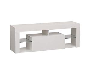 Happy Garden Meuble TV Daryl Blanc avec Bande LED. Meuble Bas Style Contemporain pour télévision et Console de Jeux. Meuble 140cm avec Compartiment fermé et étagères.