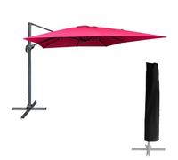 Happy Garden Parasol déporté MOLOKAI carré 3x3m fuchsia avec manivelle. Parasol déporté inclinable, rabattable et rotatif avec housse de protection.
