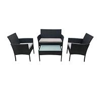 Salon De Jardin Corfou En Résine Tressée Noire 4 Places - Coussins Gris Noir