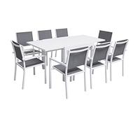 Salon de jardin VENEZIA extensible 90/180 en textilène gris 8 places - aluminium blanc