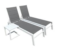 Happy Garden Set 2 Bains de Soleil Barbados en textilène Gris et Aluminium Blanc + Table d'appoint. Transat d'extérieur Multi Position.