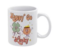 Happy Go Lucky Tasse à café en céramique blanche de 325 ml, tasse à thé imprimée double face avec poignée ergonomique en C, fond épais en porcelaine pour la maison, le bureau, la cuisine, cadeau
