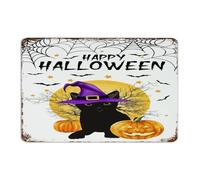 Happy Halloween Chapeau de sorcière Chat Noir Mode Chic Panneaux en métal Personnalisés Boutiques Wall Art Plaques Automne Chat Noir et Lune Man Cave Décor Plaque en métal pour porte d'entrée, dortoir