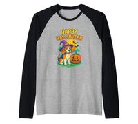 Happy Halloween Cute Dog with Pumpkin Witch Hat Art Manche Raglan