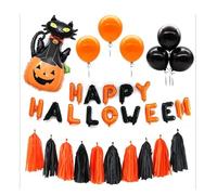 Happy Halloween Ensemble de décoration de fête avec bannière de ballons et guirlande à franges, fantôme en aluminium et ballons, pour voiture et fête, orange, noir