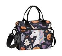 Happy Halloween - Sac à déjeuner isotherme écologique avec bandoulière - Motif licornes blanches - Pour adultes - Taille S