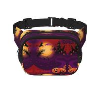 Happy Halloween Sac banane carré double couche avec impression intégrale, tissu sergé durable, sac banane multi-poches pour sports de plein air voyage